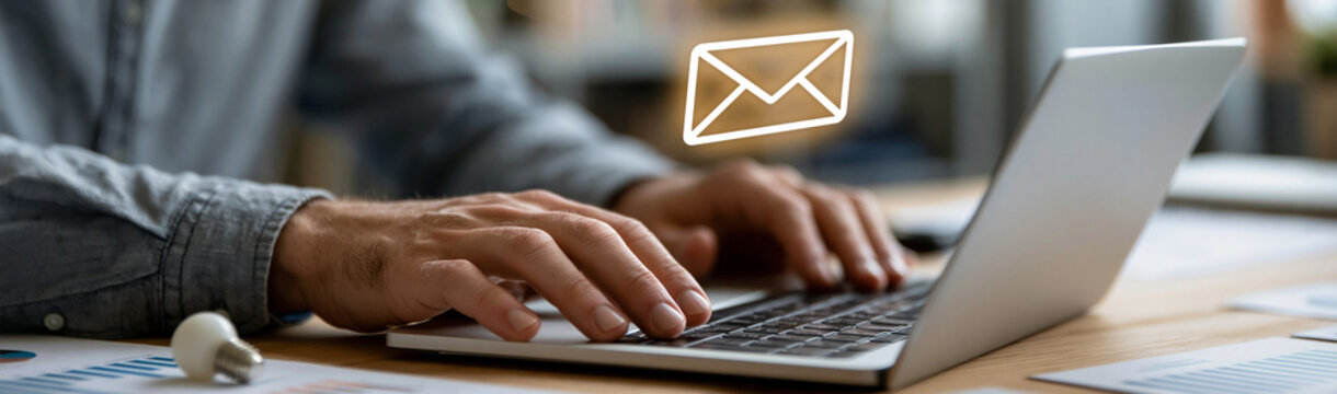 Digital Communication: Close-up shot of a person typing on a laptop with an email icon, highlighting the ease and accessibility of online communication.