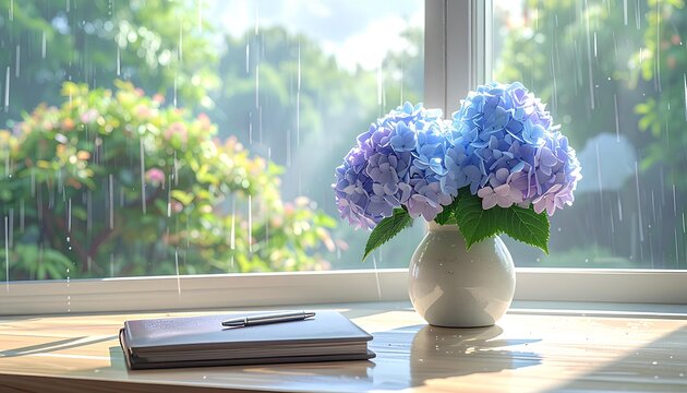 陽光と雨が混じる窓際の紫陽花 / Hydrangeas on a windowsill with mixed sun and rain (Generative AI)