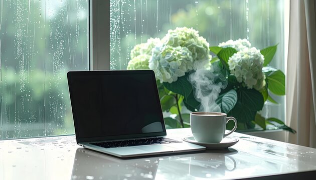 雨の日の窓辺にあるノートパソコンとコーヒーと白い紫陽花 / Laptop and coffee with white hydrangeas by the window on a rainy day (Generative AI)