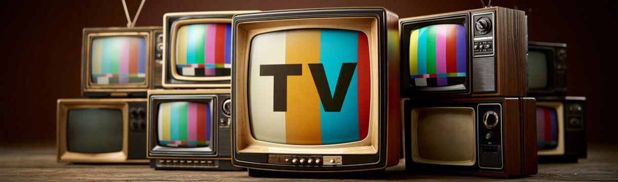 Vintage TV Display: A nostalgic cluster of vintage televisions, showcasing the charm of yesteryear's technology, each screen displaying a vibrant test pattern and the bold word TV. 