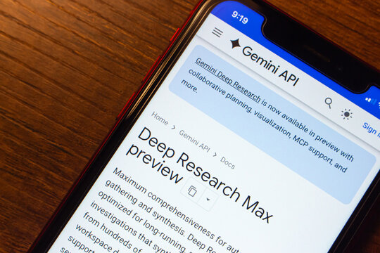 Mexico City, MEXICO - May 5 2026 : Google Gemini API Deep Research Max Preview docs page, seen on a smartphone screen.