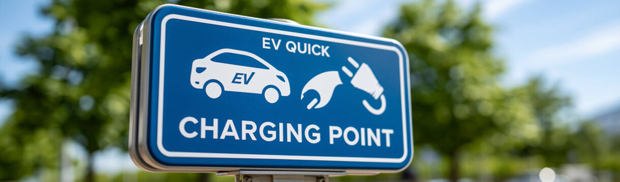 EV Charging Point Sign: A close-up shot of a blue and white sign, indicating an EV charging point, set against a backdrop of nature, symbolizing the intersection of technology and environment.