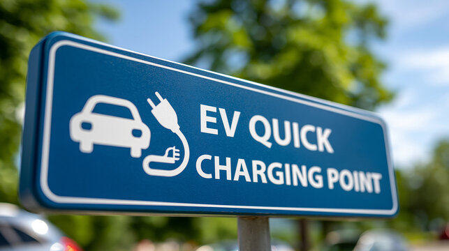 EV Charging Point Sign: A close-up shot of a blue EV quick charging point sign. The sign is designed to provide quick energy replenishment for electric vehicles.