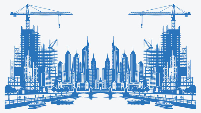 Dynamic blue vector illustration of urban city skyline with construction cranes. Modern cityscape under development, perfect for construction industry, real estate, urban growth, and infrastructure.