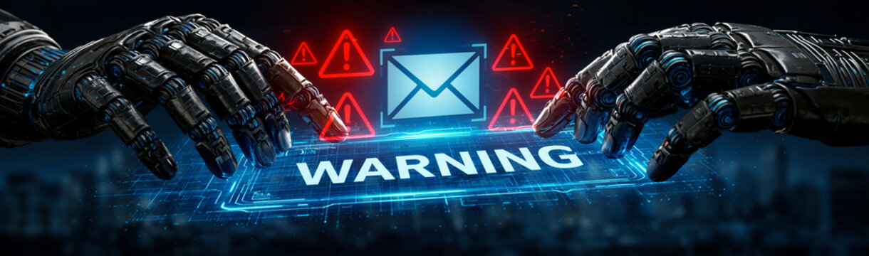 Digital Warning: A cybernetic hand highlights a Warning button, with a digital email symbol, evoking a sense of imminent danger in the virtual world.