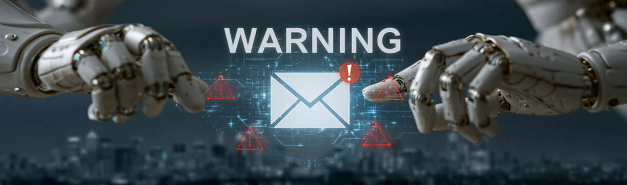 Cybersecurity Alert: Robot hands highlight a warning sign near an email icon, signaling a cybersecurity threat, with a blurred cityscape in the background.