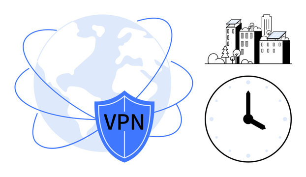 Internet privacy, cybersecurity, global connectivity, time management, eco-friendly living, remote access. A shield labeled VPN over the globe, buildings with solar panels, and a clock icon