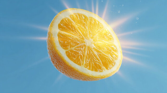 Fresh lemon slice with glowing sun rays on blue background. Citrus fruit half floating in air. Organic vitamin C source, healthy food, summer refreshment and bright energy concept.