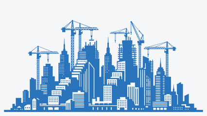 Fototapeta premium Dynamic blue vector illustration of urban city skyline with construction cranes. Modern cityscape under development, perfect for construction industry, real estate, urban growth, and infrastructure.