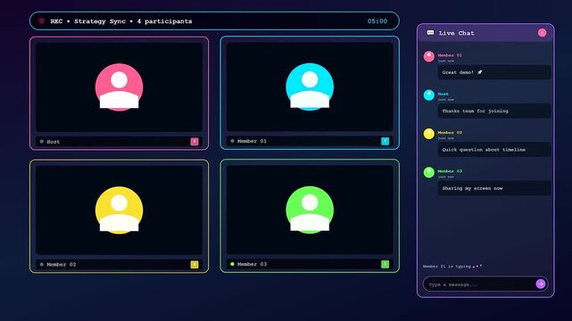 This modern dark themed conference call interface features vivid neon accented user profiles and an evolving chat sequence depicting professional virtual team communication strategies