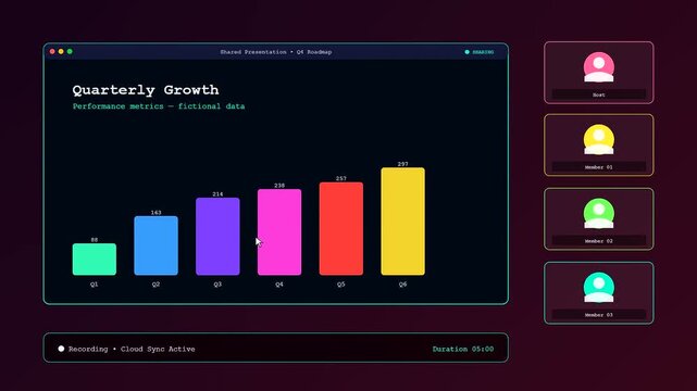 A modern conference call interface displays an animating bar chart with vivid neon colors representing quarterly growth metrics on a dark digital screen backdrop