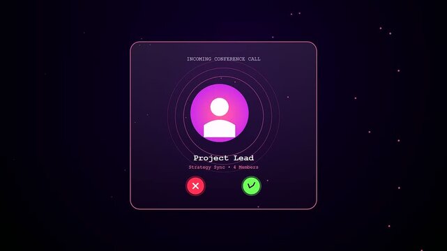 A luminous conference call interface pulsating with vivid magenta neon hues floats within a deep interstellar void showcasing a digital avatar and call controls
