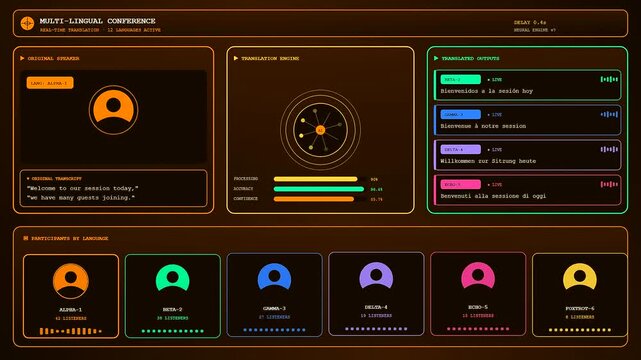 A futuristic conference call interface displaying real time translation across multiple languages with golden hues and glowing neon indicators for a global corporate meeting