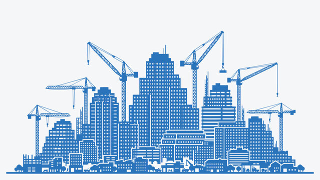 Dynamic blue vector illustration of urban city skyline with construction cranes. Modern cityscape under development, perfect for construction industry, real estate, urban growth, and infrastructure.