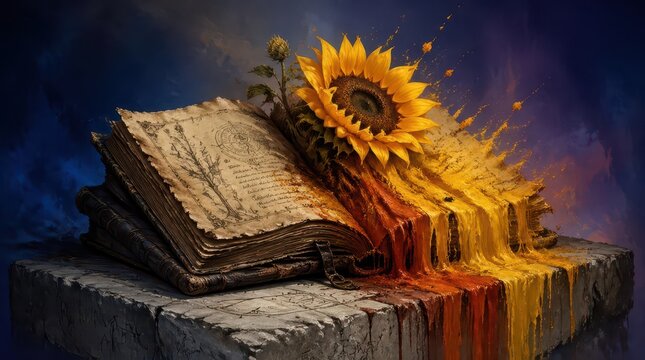 Aged mystical spellbook with hand drawn parchment pages and a vibrant blooming sunflower, creating a magical transformation effect on a weathered stone altar in a cinematic wide composition.