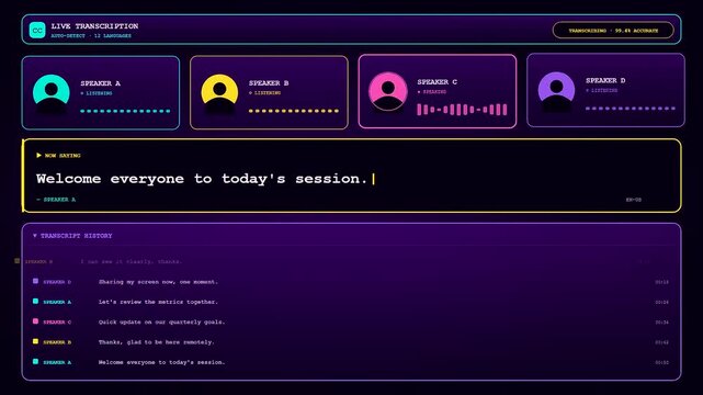 An advanced conference call interface displays dynamic real time transcription with neon accents and colorful speaker profiles across a dark purple digital backdrop for business