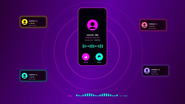 A luminescent conference call interface pulses with vibrant magenta ripples and cyan waveforms while displaying diverse digital contact nodes over a dark violet void