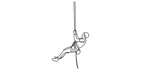 Continuous one line drawing of a person rock climbing and rappelling down with a rope for adventure sports and extreme outdoor activity concept art Vector, illustration © Alo 2026 Arts