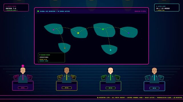 In a dark command center a conference call interface showcases flickering teal nodes and magenta frames while four operators monitor a strategic network map