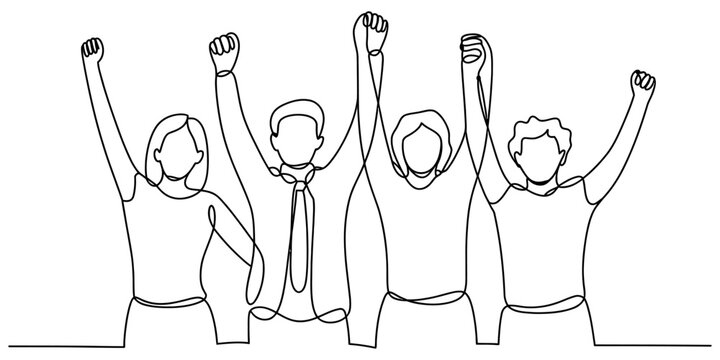 Happy diverse group of business people cheering and raising hands together in a continuous single line drawing style representing teamwork and success Vector, illustration