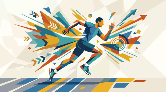 Athlete running fast with abstract colorful shapes exploding behind him.