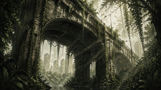 Ruined stone arch bridge overgrown with lush tropical vines in a post apocalyptic urban wilderness landscape, wide cinematic shot featuring decayed city skyscrapers in the misty distant background.