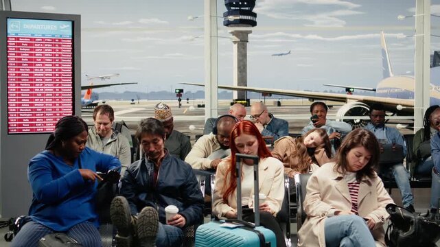 Bored tourists in airport lounge waiting for another plane after cancelled flight while doing journey back home. Impatient people in aviation terminal scroll on phones, waiting for checkin, camera A