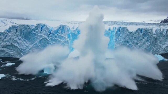 Cinematic Slow-Motion Wide Shot of a Massive Glacial Calving Event in the Ocean