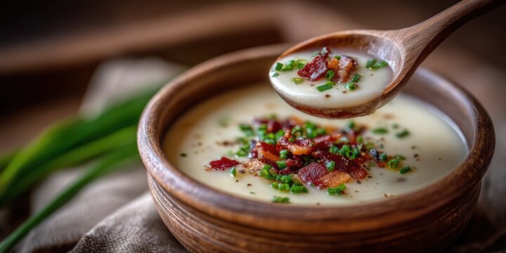 Creamy soup in brown bowl.