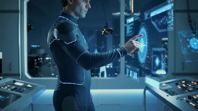 Futuristic Scientist Using Holographic Digital Interface