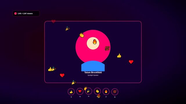 A stylized conference call interface featuring an animated pink avatar surrounded by floating interactive emojis within a dark purple digital workspace for virtual meetings