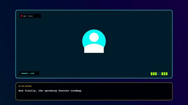 A sleek futuristic conference call interface displays scrolling live captions and audio levels against a dark holographic screen for a corporate virtual meeting session