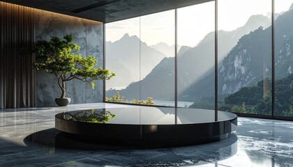 Fototapeta premium Modern minimalist interior with bonsai tree and mountain view