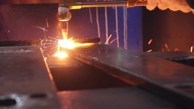 Industrial Oxy-Fuel Cutting Torch Processing Steel Plate with Sparks