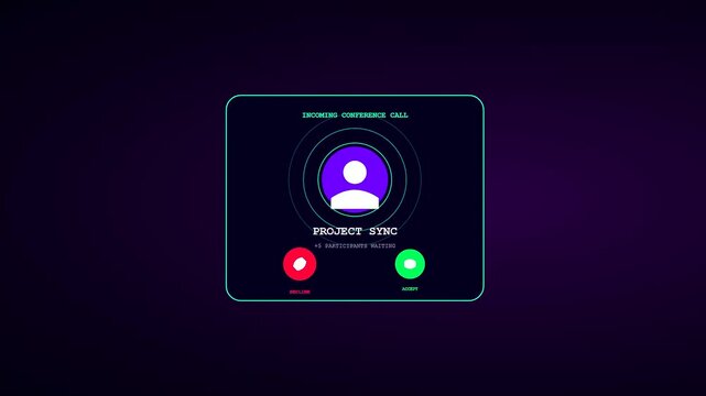 A sleek futuristic conference call interface pulses with glowing teal outlines and vibrant purple hues against a deep dark violet void for corporate communication