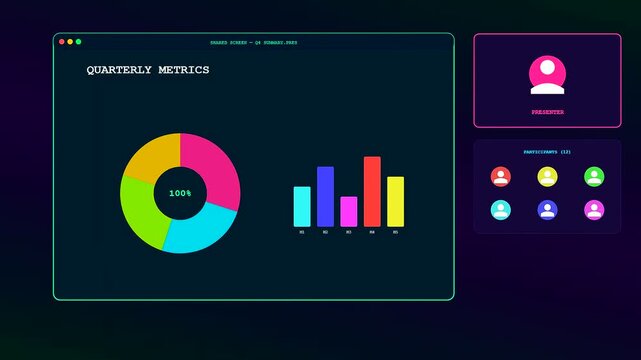 A dynamic animation of a conference call interface displaying neon colored data visualizations and user profile avatars appearing on a dark futuristic digital screen