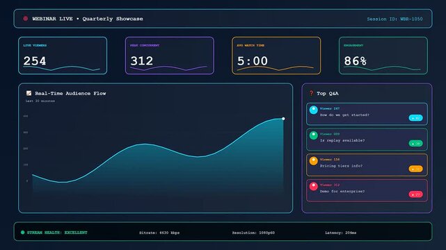A sophisticated dark mode conference call interface displaying animated data visualizations with neon blue waves and scrolling numeric metrics across a digital screen