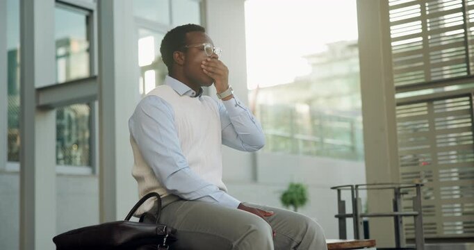 Commute, waiting or businessman in city with watch, transport delay or time management in morning travel. Schedule, check or employee with wristwatch, metro journey or running late at start of day.