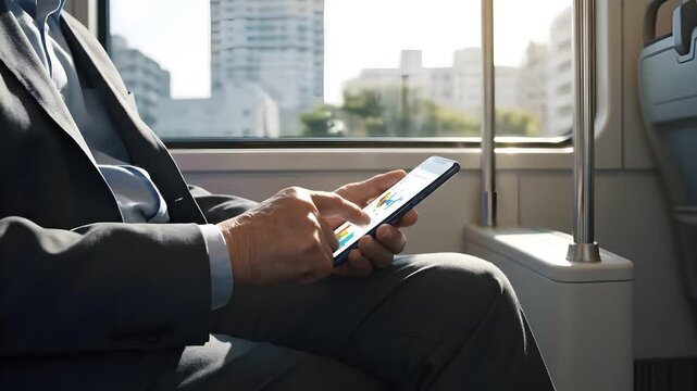 Professional businessman analyzing financial data and charts on smartphone while commuting on a train, perfect for corporate video, financial app marketing, and business presentation