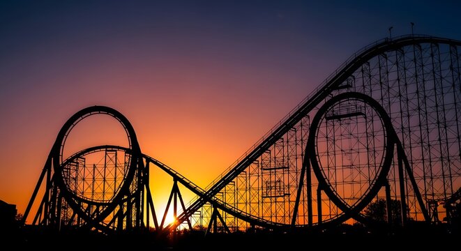 Roller Coaster Silhouette Golden Sunset Dramatic Loop Track Amusement Park Scene