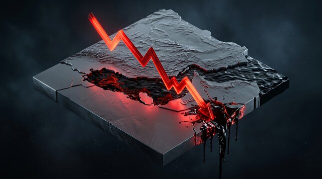 Conceptual 3D isometric map of the Strait of Hormuz fractured by a glowing red downward arrow leaking black crude oil.
