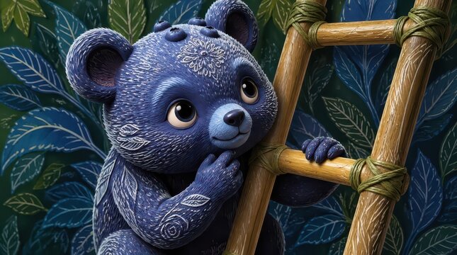 A curious blueberry bear hybrid climbs a rustic wooden ladder in a lush botanical forest, displaying intricate floral patterns and soft fur in this charming cinematic wide composition shot.