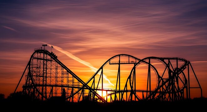Roller Coaster Silhouette Sunset Dramatic Sky Amusement Park Landscape Scenic View