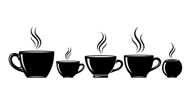 Sequence of Five Steaming Coffee Cups in Silhouette with Varying Sizes.