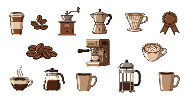 Collection of coffee making equipment and accessories including beans, grinders, pots, cups and brewers.