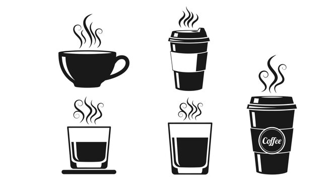Collection of coffee cups and takeout cups icons in monochrome style.