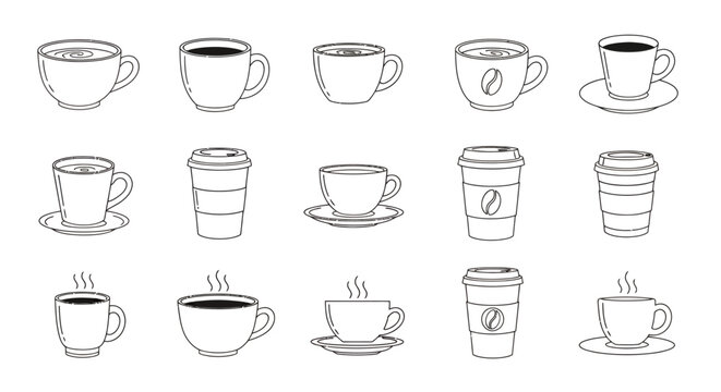 Collection of hand drawn coffee cups and mugs in a simple line art style.