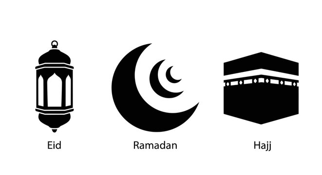 Islamic Icons: Eid Lantern, Ramadan Crescent Moon, Hajj Kaaba - Black and White