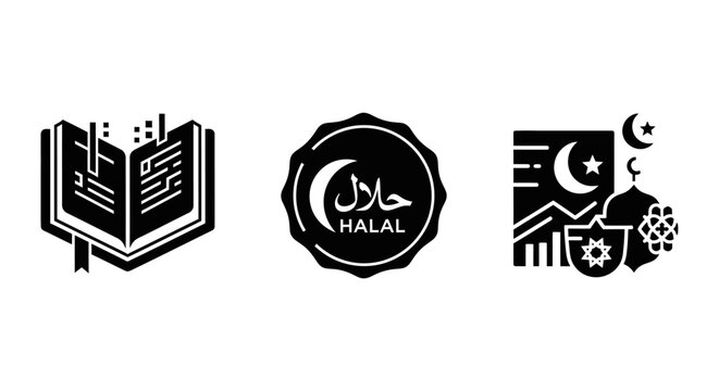 Islamic Icons: Quran, Halal Symbol, and Mosque with Crescent Moon
