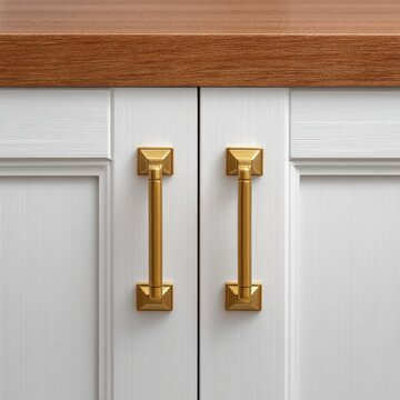 Golden cabinet door handles closeup.